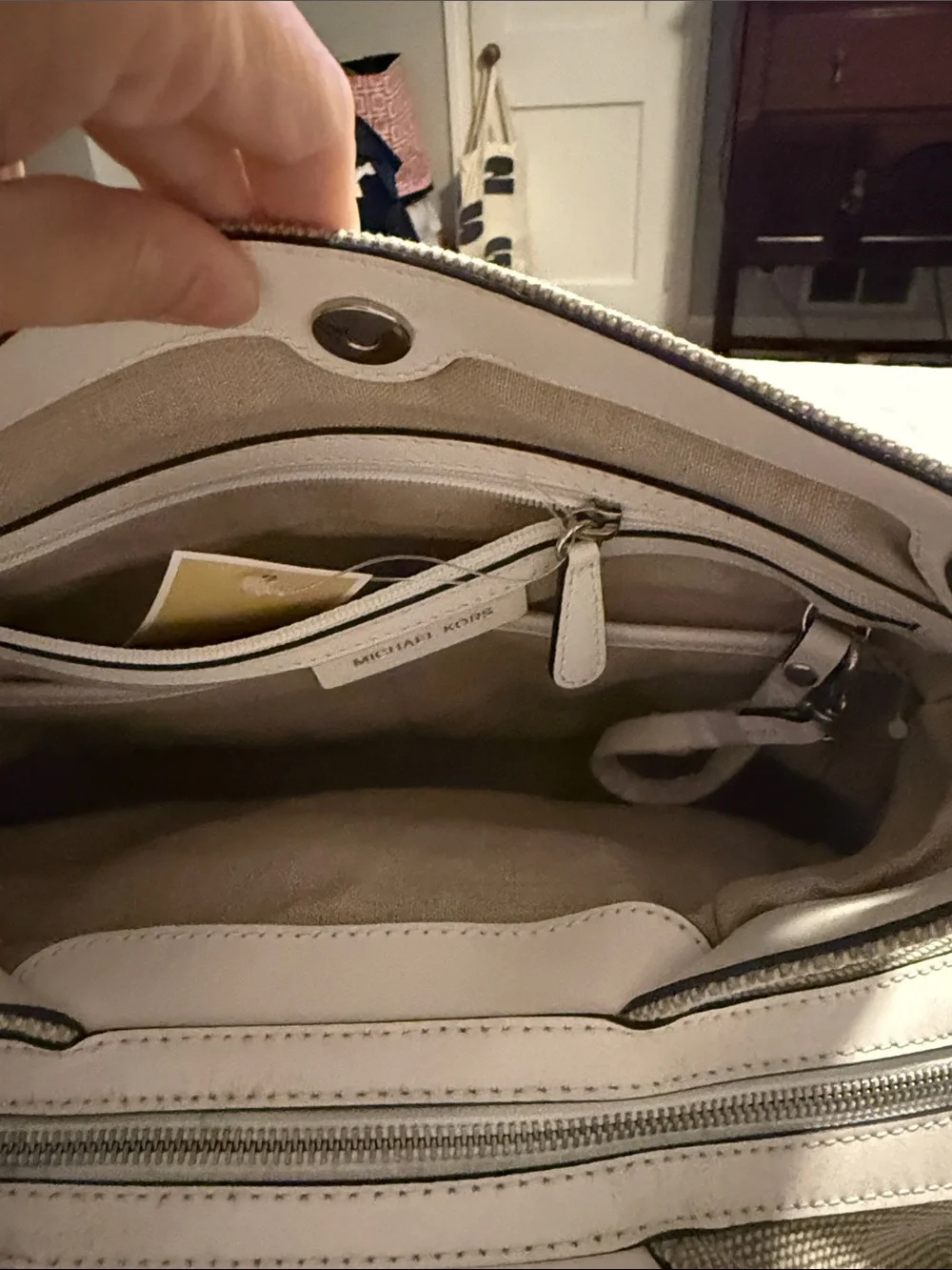 Michael Kors Beige Canvas Shoulder Tote with Silver Grommets